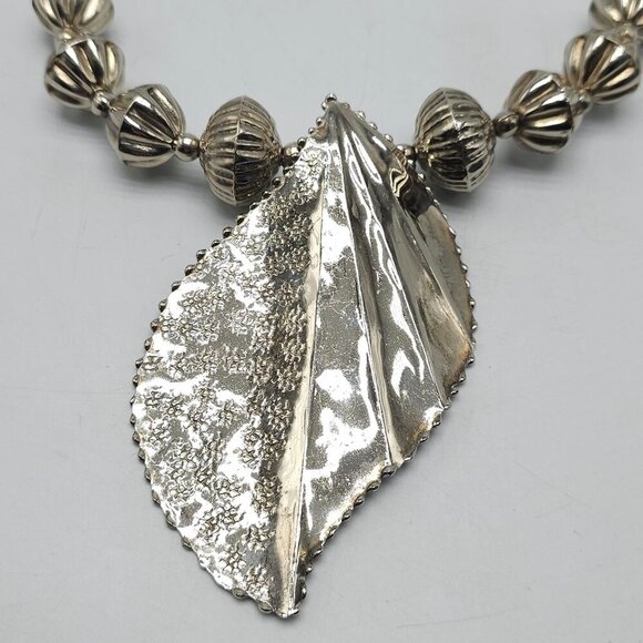Bold Silver Leaf Pendant Necklace With Textured Beads Lobster Clasp - Picture 2 of 8
